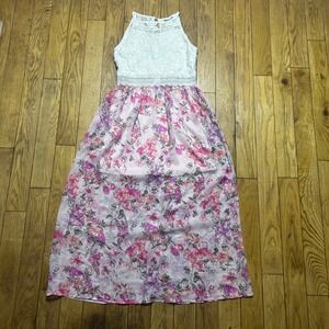 BCX Girl White Lace Floral Chiffon Maxi Dress Pink Purple Size 16 Sleeveless